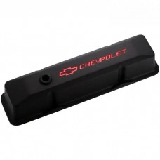 Engine Valve Covers; Tall Style; Die Cast; Black with Bowtie Logo; Fits SB Chevy