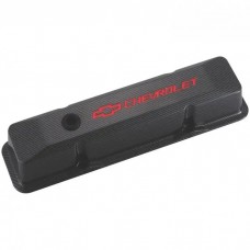 Chevrolet and Bowtie Emblem Die-Cast Valve Covers, Recessed Emblem, Red, Carbon-Style
