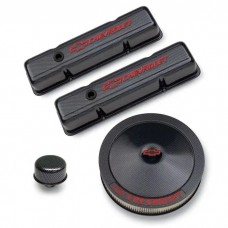 Engine Dress-Up Kit; Black Carbon Finish; Red Bowtie; Red Letters; For SB Chevy