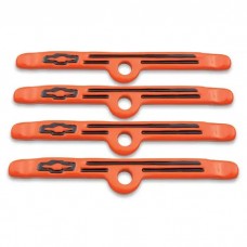 Engine Valve Cover Holdown Clamps; Orange with Black Bowtie Logo; SB Chevy; 4 Pc