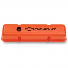 Engine Valve Covers; Stamped Steel; Tall; Orange w/ Bowtie Logo; Fits SB Chevy