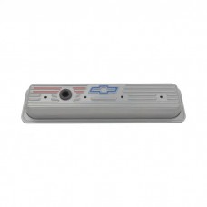 Engine Valve Covers; Stamped Steel; Short; Gray; w/ Bowtie Logo; Fits SB Chevy