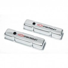 Camaro Valve Covers, Small Block, Tall Design, Chrome, With Baffle, Chevrolet Script & Bowtie Logo, 1967-1985