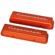Chevelle & Malibu Aluminum Valve Covers, Small Block, Orange Powder Coated, With Chevrolet Script, 1964-1983