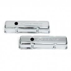 Full Size Chevy Valve Covers, Small Block, With Baffle, Tall Design, Chrome, With Chevrolet Script & Bowtie Logo, 1958-1972