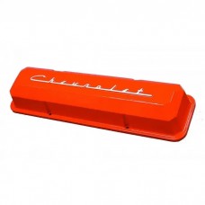 Chevy Aluminum Valve Covers, Orange Powder Coated, With Chevrolet Script, Small Block, 1955-1957