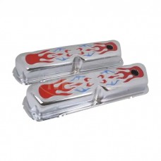 Ford Valve Covers, Small Block, Chrome, Red & Blue Flames, 1962-1979