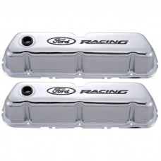 Stamped Steel Chrome Valve Covers with Black Ford Racing Logos, 289/302/351W V8