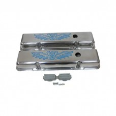Polished Aluminum Chevy Small Block 283-400 Short Valve Covers, Blue V8 Logo